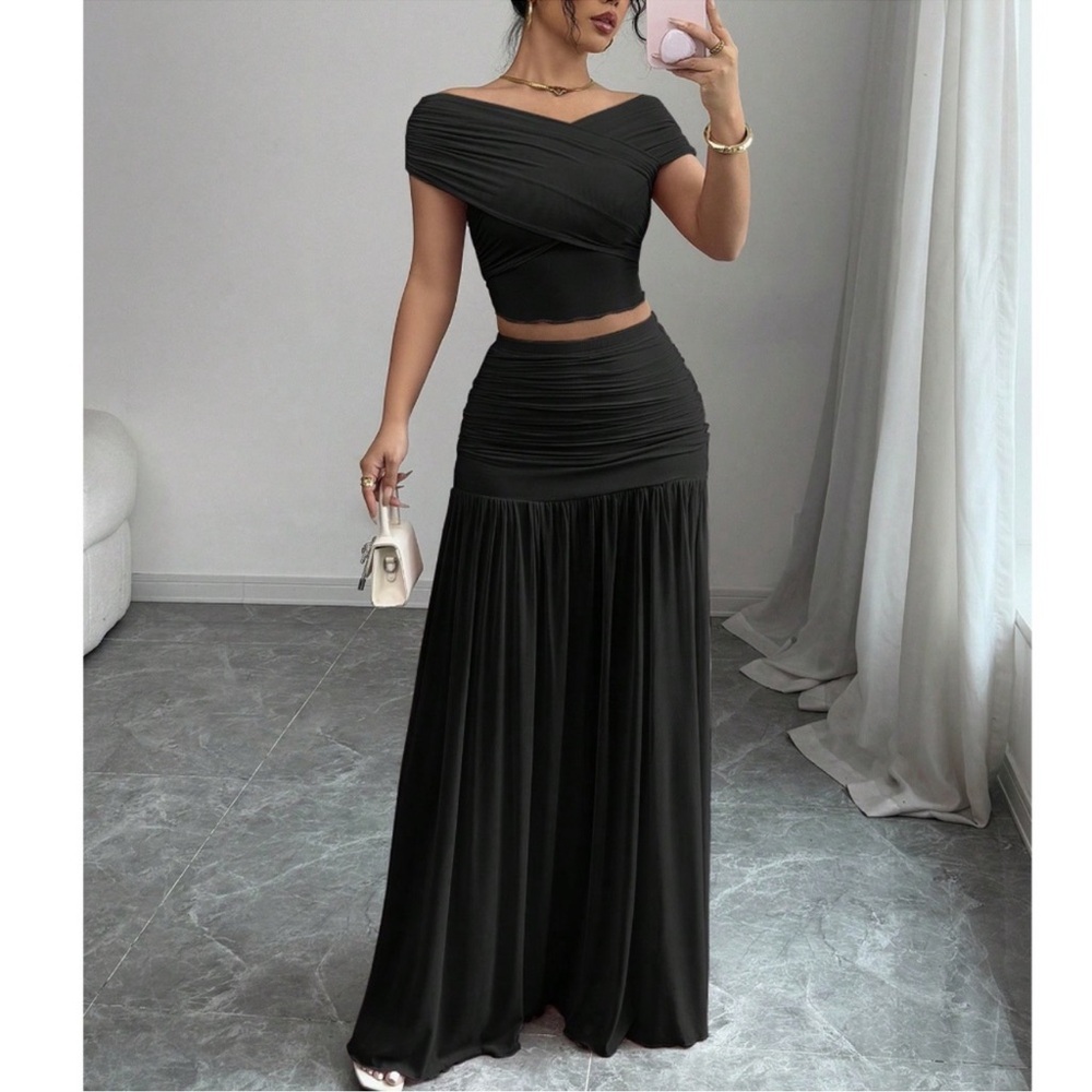 Solid Black Fitted Crop Top Maxi Skirt Set S M L XL